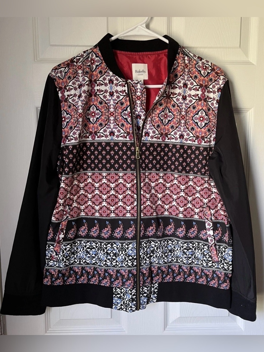 Rafaella Black Bomber Jacket with Pink Paosley Panels